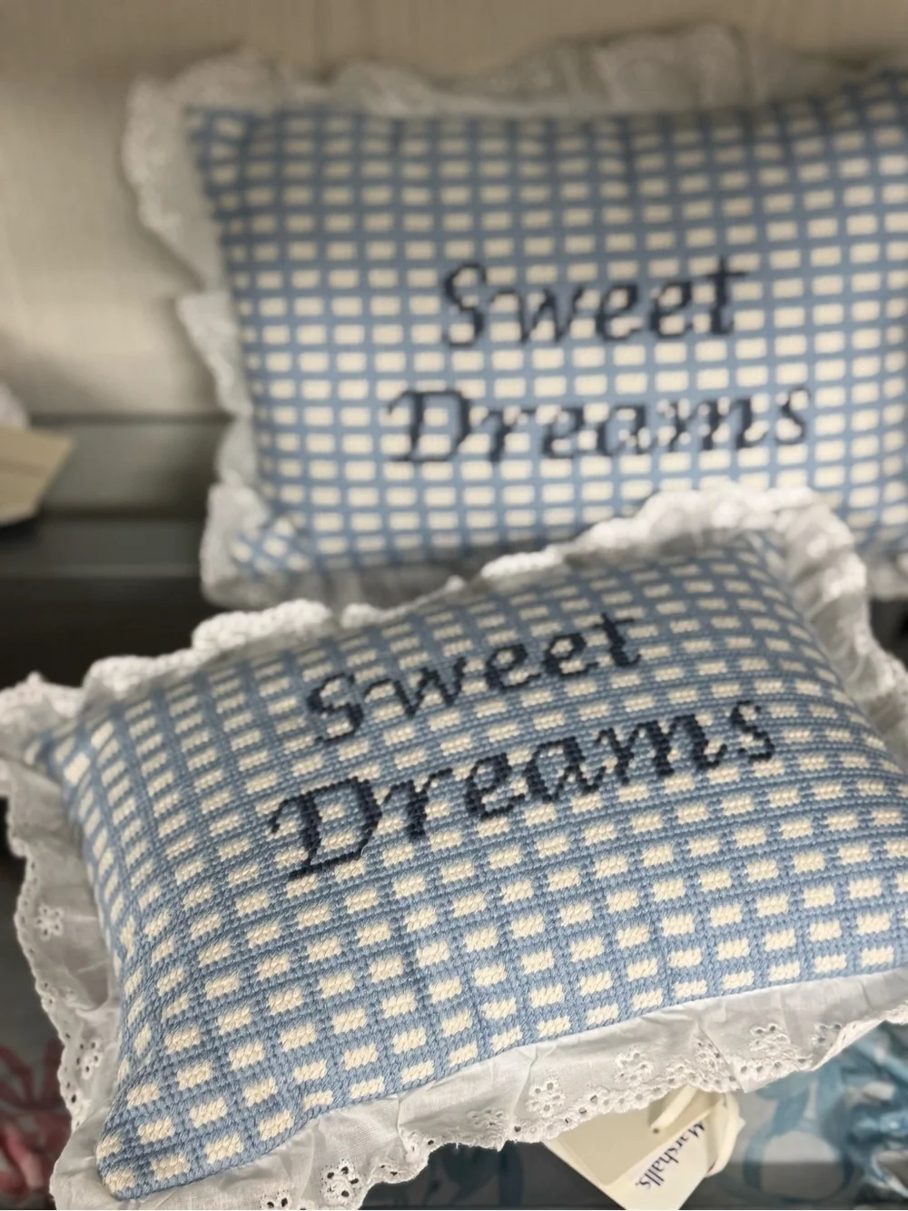 Magaschoni Blue and White Gingham 'Sweet Dreams' Decorative Pillows set 2